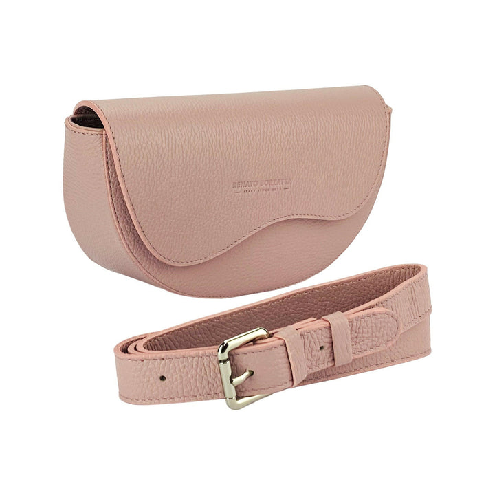 RB1027AZ | Women's rounded crossbody bag in genuine leather Made in Italy. Removable and adjustable leather shoulder strap. Polished Nickel Accessories - Antique Pink Color - Dimensions: 25 x 15 x 9 cm-0