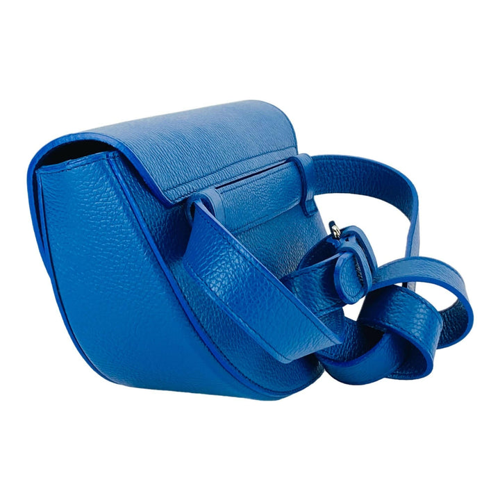 RB1027CH | Women's rounded crossbody bag in genuine leather Made in Italy. Removable and adjustable leather shoulder strap. Polished Nickel Accessories - Royal Blue Color - Dimensions: 25 x 15 x 9 cm-Shangri-La Fashion