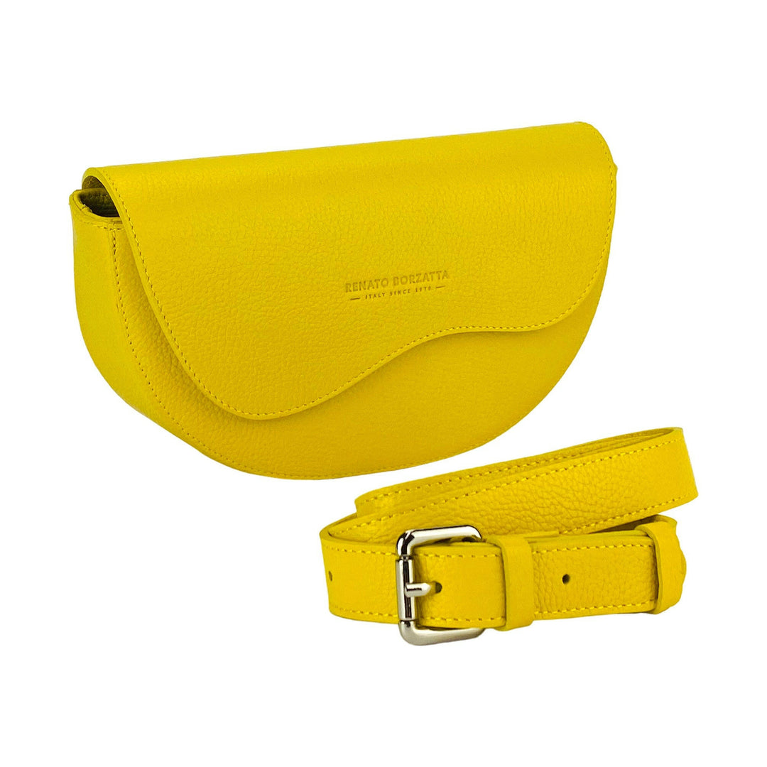RB1027R | Women's rounded crossbody bag in genuine leather Made in Italy. Removable and adjustable leather shoulder strap. Polished Nickel Accessories - Yellow Color - Dimensions: 25 x 15 x 9 cm-0