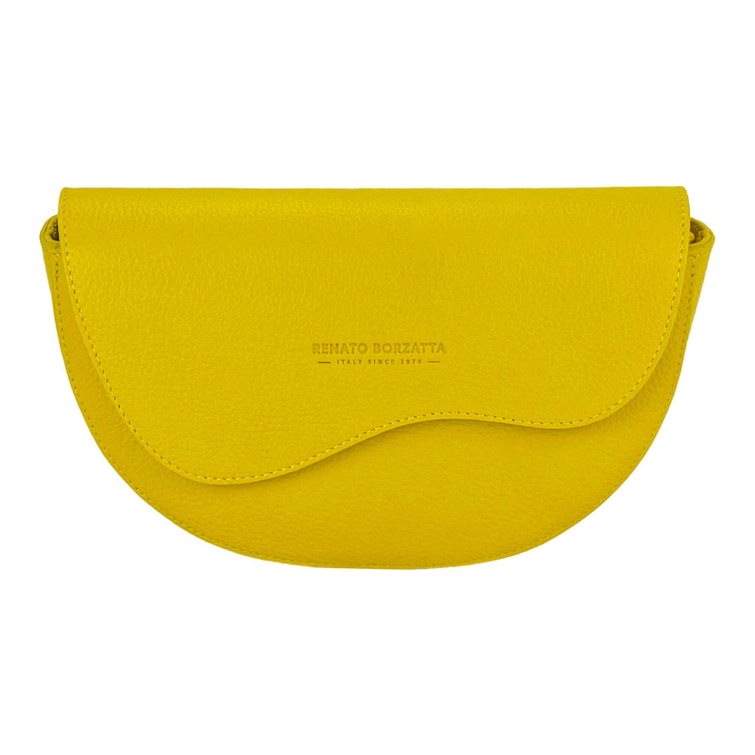 RB1027R | Women's rounded crossbody bag in genuine leather Made in Italy. Removable and adjustable leather shoulder strap. Polished Nickel Accessories - Yellow Color - Dimensions: 25 x 15 x 9 cm-1