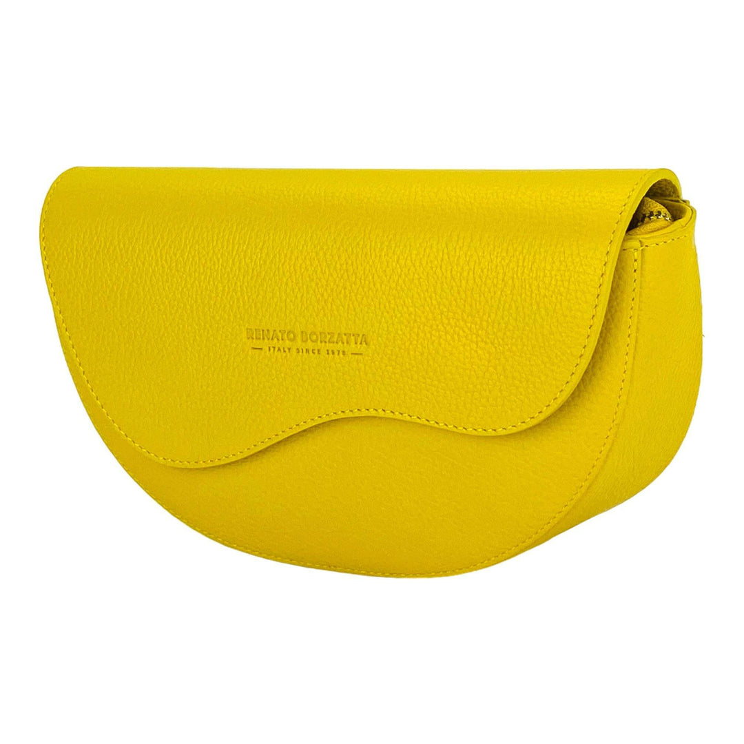 RB1027R | Women's rounded crossbody bag in genuine leather Made in Italy. Removable and adjustable leather shoulder strap. Polished Nickel Accessories - Yellow Color - Dimensions: 25 x 15 x 9 cm-Shangri-La Fashion