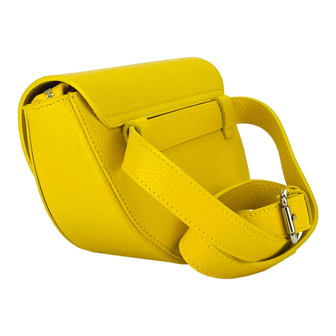 RB1027R | Women's rounded crossbody bag in genuine leather Made in Italy. Removable and adjustable leather shoulder strap. Polished Nickel Accessories - Yellow Color - Dimensions: 25 x 15 x 9 cm-3