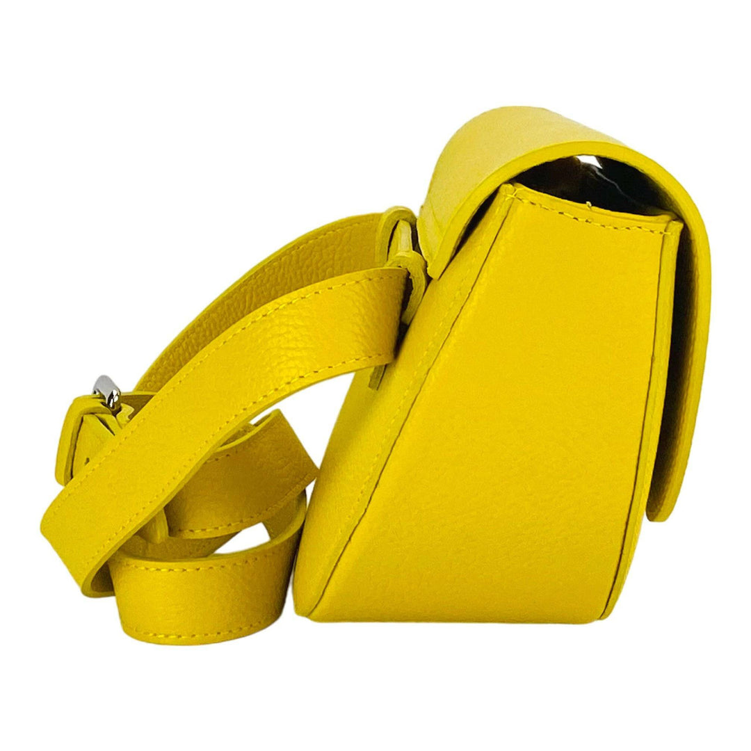 RB1027R | Women's rounded crossbody bag in genuine leather Made in Italy. Removable and adjustable leather shoulder strap. Polished Nickel Accessories - Yellow Color - Dimensions: 25 x 15 x 9 cm-Shangri-La Fashion