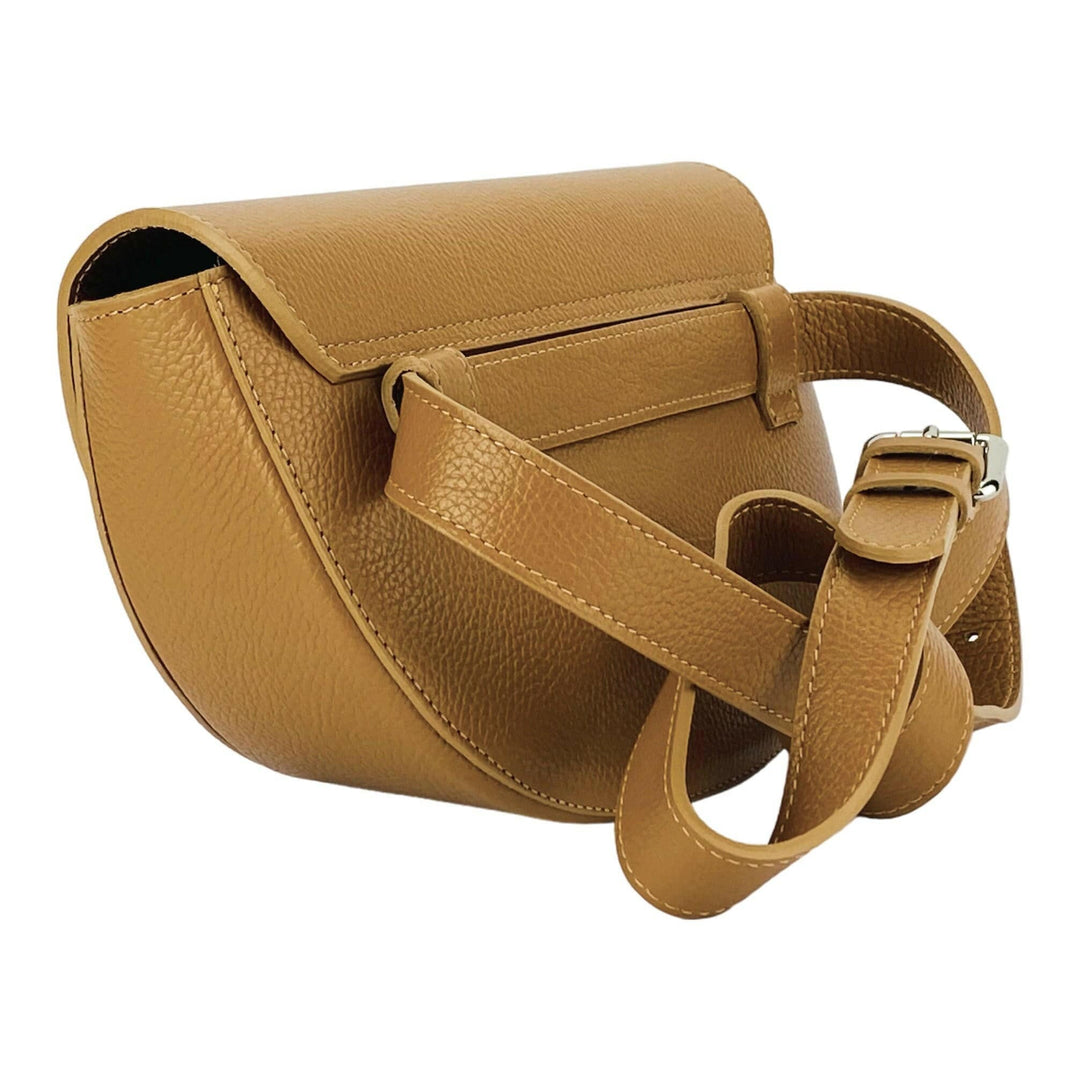 RB1027S | Women's rounded crossbody bag in genuine leather Made in Italy. Removable and adjustable leather shoulder strap. Accessories Polished Nickel - Cognac color - Dimensions: 25 x 15 x 9 cm-Shangri-La Fashion