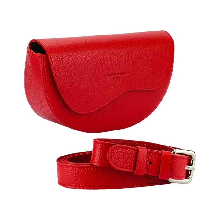 RB1027V | Women's rounded crossbody bag in genuine leather Made in Italy. Removable and adjustable leather shoulder strap. Polished Nickel Accessories - Red Color - Dimensions: 25 x 15 x 9 cm-0