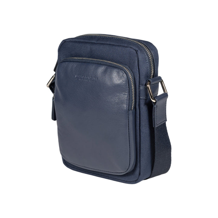 RB2002D | Nylon/Genuine Leather Shoulder Bag, with light grain. Zip closure and adjustable shoulder strap - Color Blue - Dimensions: cm 15.5 x 21 x 7. Packaging: Non-woven fabric bag-0