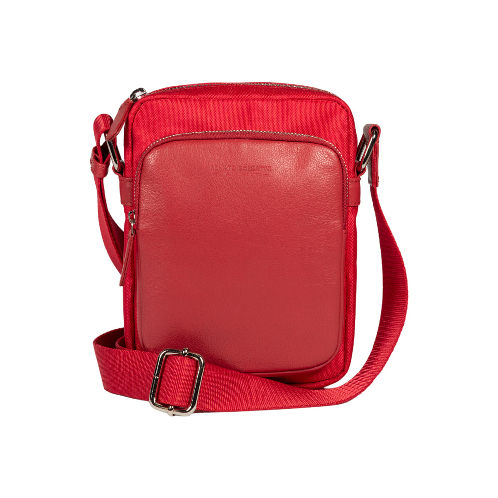 RB2002V | Nylon/Genuine Leather Shoulder Bag, with light grain. Zip closure and adjustable shoulder strap - Color Red - Dimensions: cm 15.5 x 21 x 7. Packaging: Non-woven fabric bag-1