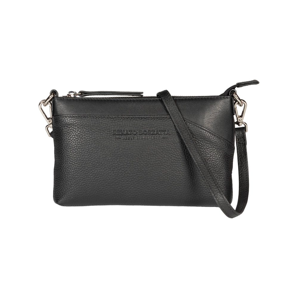 RB2003A | Shoulder/Wrist Bag in Genuine Full Grain Leather, Dollar Grain/Light. Removable Shoulder Strap and Handle. Color Black. Dimensions: 22 x 14 x 2.5 cm. Packaging: Non-Woven Fabric Bag-0