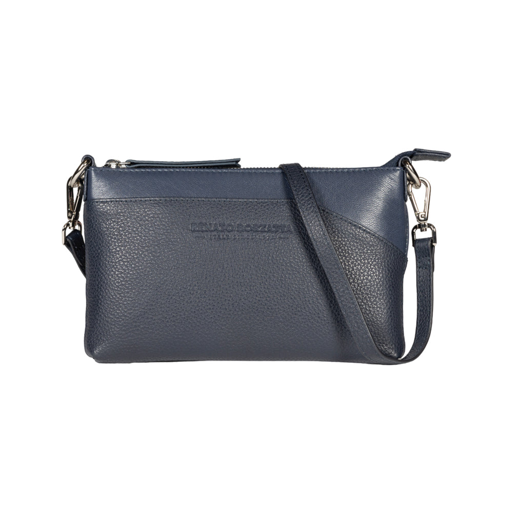 RB2003D | Shoulder/Wrist Bag in Genuine Full Grain Leather, Dollar Grain/Light. Removable Shoulder Strap and Handle. Color Blue. Dimensions: 22 x 14 x 2.5 cm. Packaging: Non-Woven Fabric Bag-0