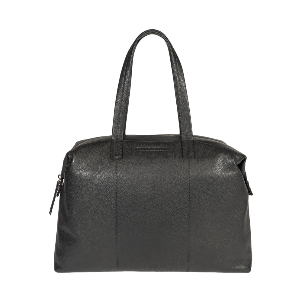 RB2004A | Shopping Bag Transformable into a Trunk in Genuine Full Grain Leather, Dollar Grain/Light. Double Handle. Black Color. Dimensions: 43 x 36 x 14 cm. Packaging: Non-Woven Fabric Bag-0