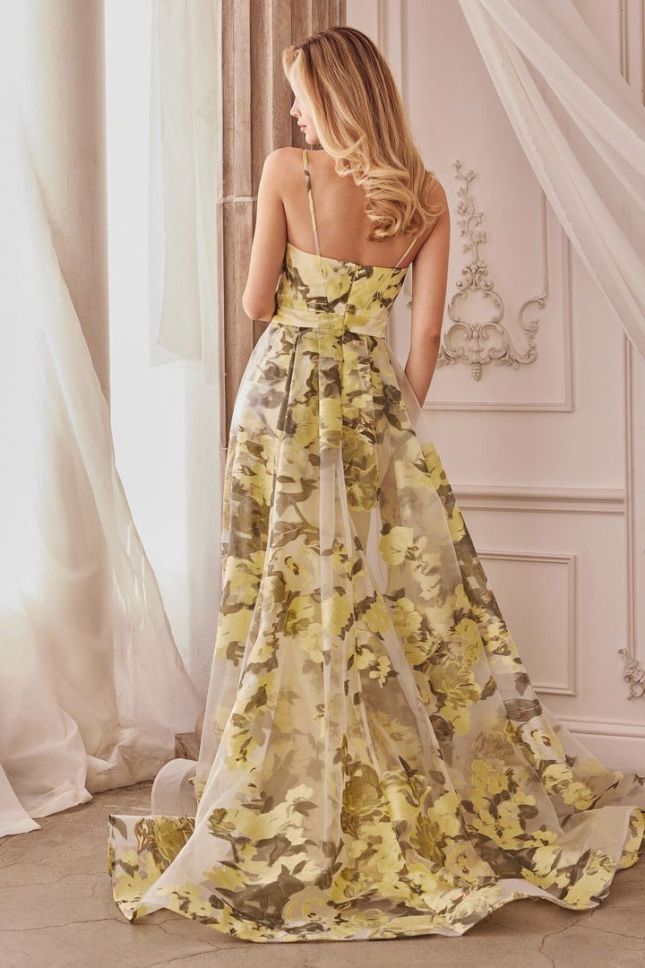 Floral Pattern Spaghetti Straps Sweetheart A-Line Tulle Overskirt Long Prom & Bridesmaid Dress CDA0770-1