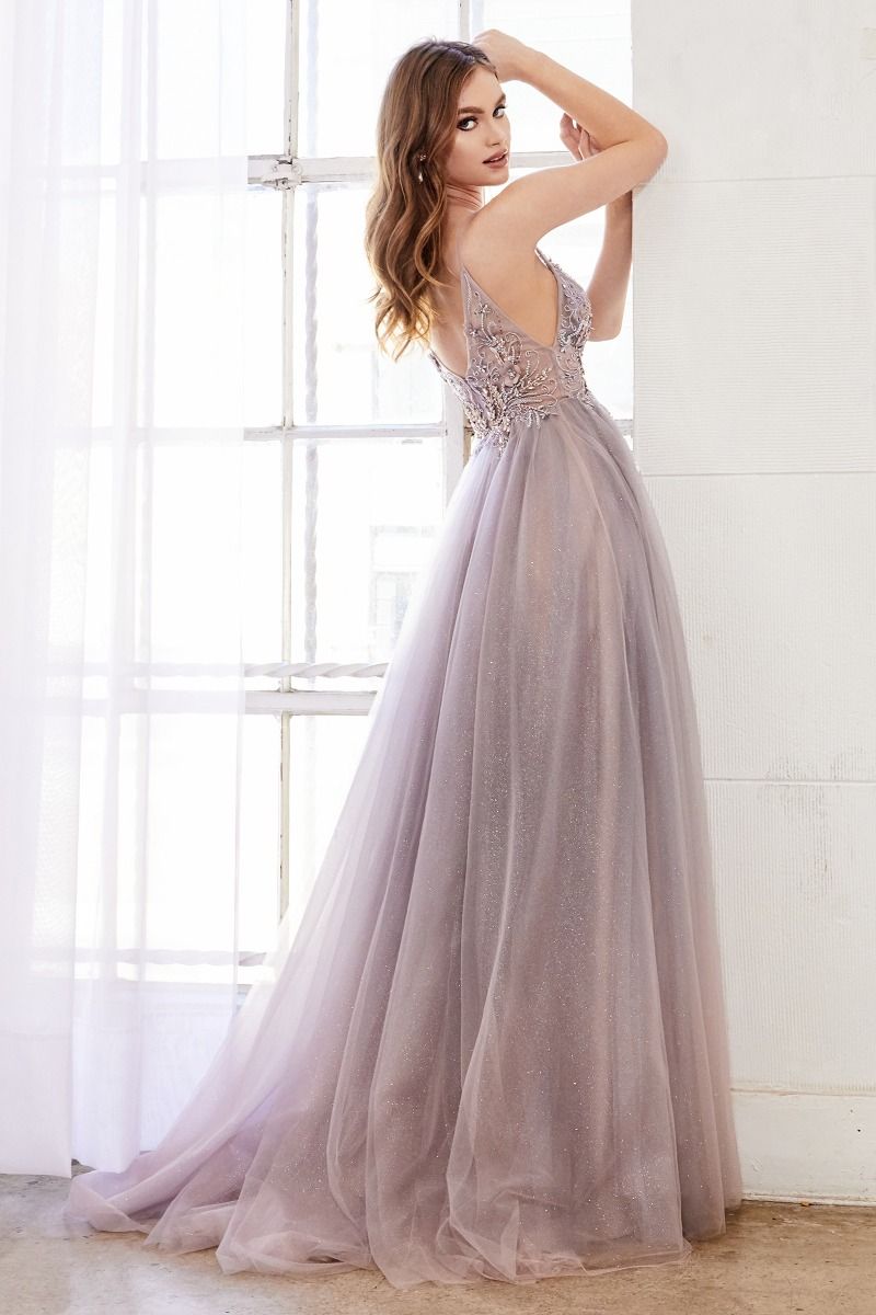 Daphene Tulle Skirt Side Slit V-Neck Sheer Embroidered Bodice Long Prom Dress CDA0850-4