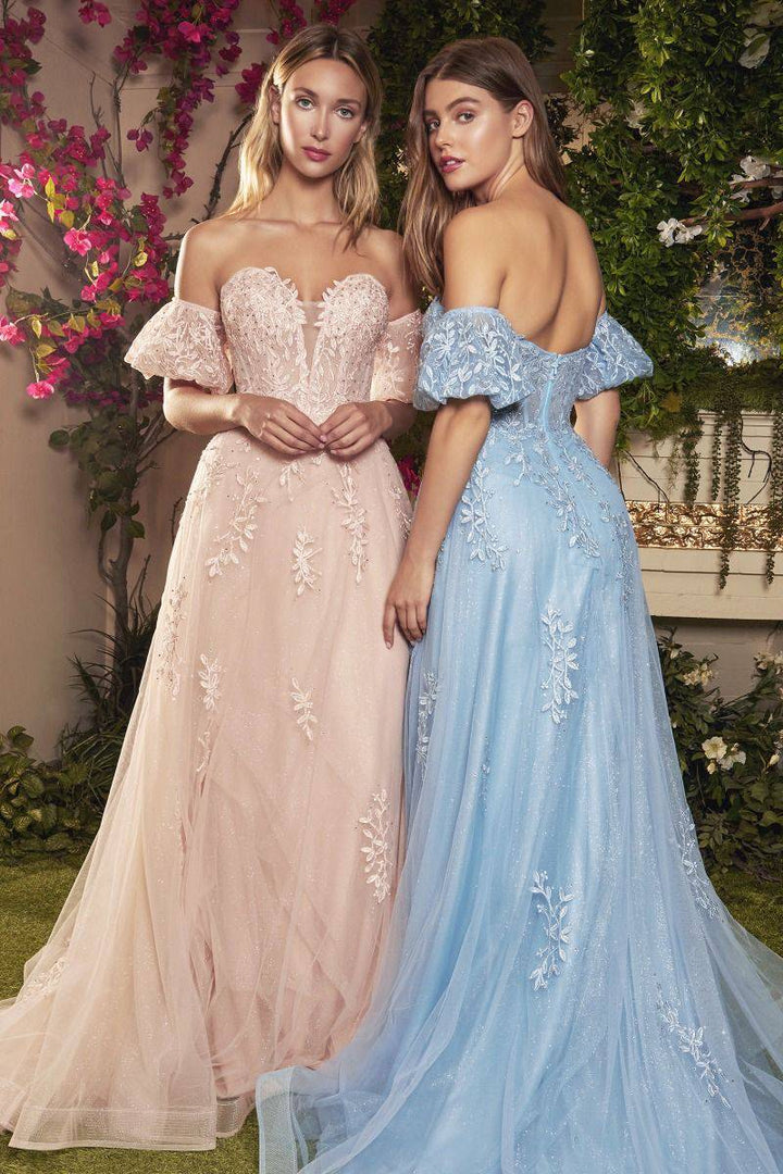 Strapless Willow Embroidered V-neck Bodice Puff Sleeves Floral Long Prom & Bridesmaid Dress CDA1046