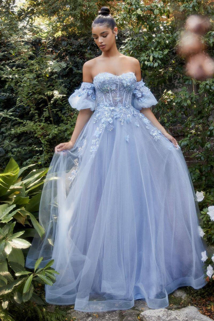 Strapless Floral Sheer Structured Off Shoulder Bodice Puff Sleeves Long Prom & Ball Dress CDA1108