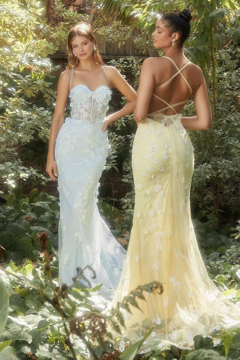 Embellished Daisy Mermaid Criss Cross Sweetheart Backless Bodice Long Prom Dress CDA1115