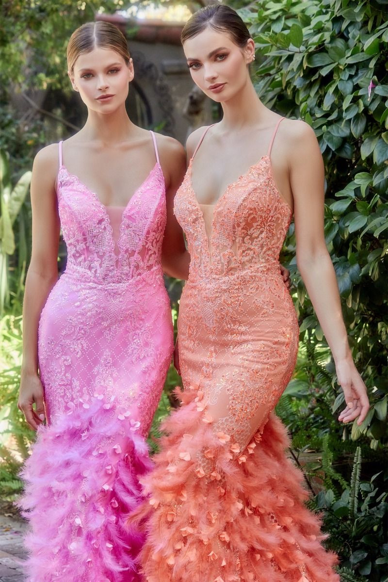 Feather Mermaid Deep V-neck Mid Open Back Laced Bodice Long Prom & Bridemaid Dress CDA1116-2