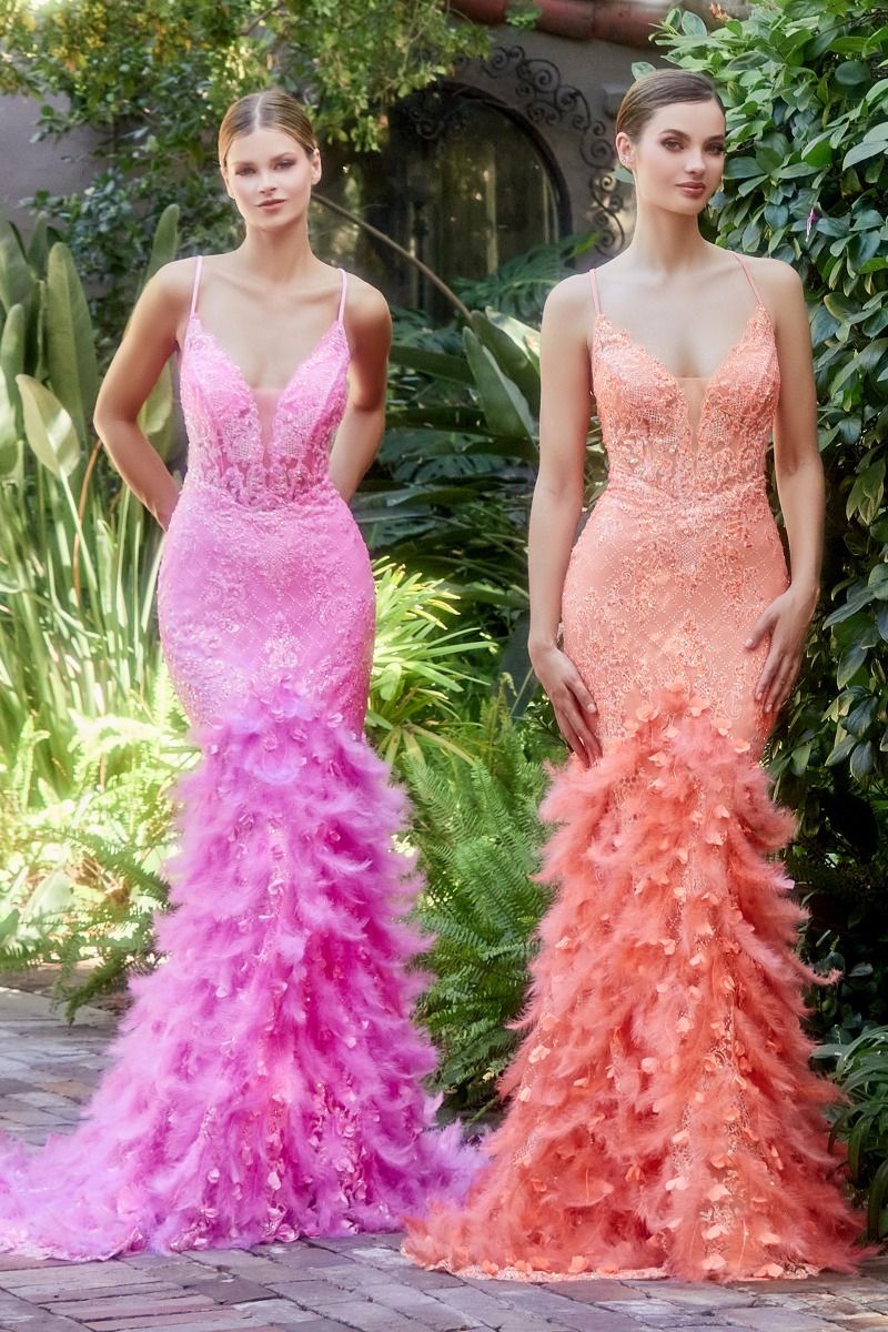 Feather Mermaid Deep V-neck Mid Open Back Laced Bodice Long Prom & Bridemaid Dress CDA1116-1