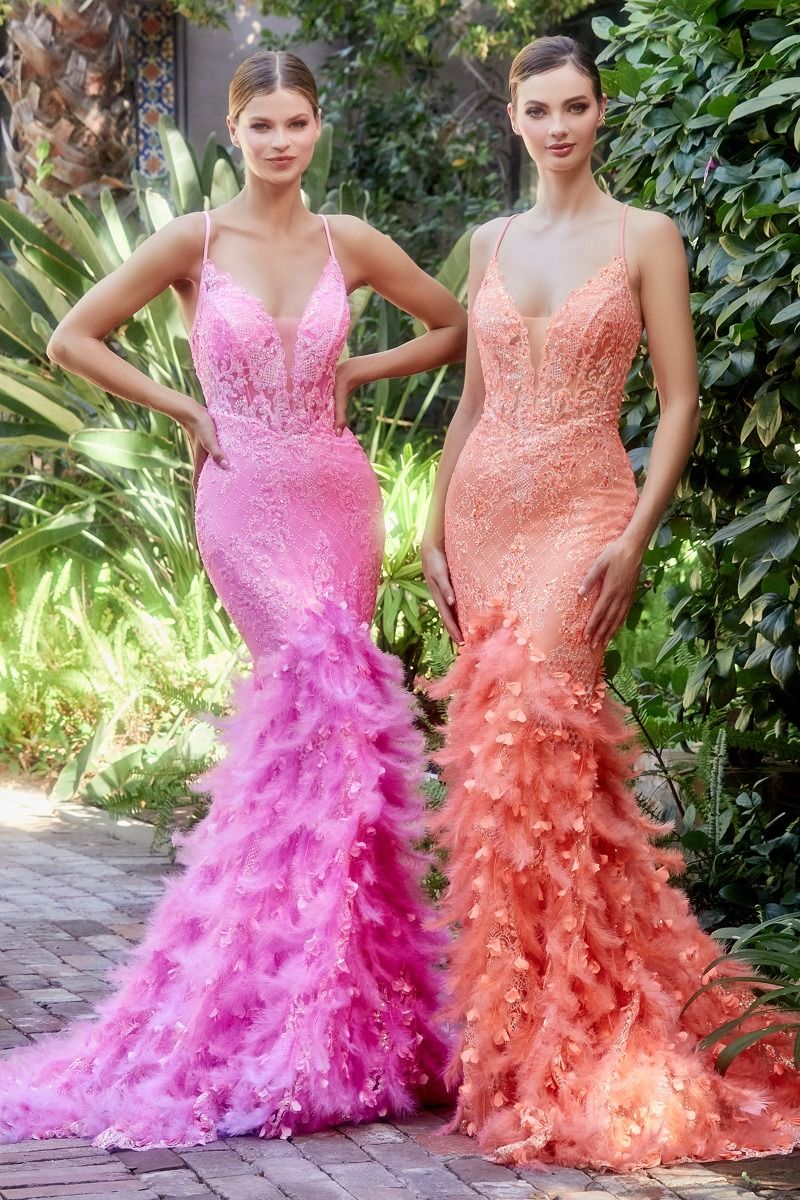 Feather Mermaid Deep V-neck Mid Open Back Laced Bodice Long Prom & Bridemaid Dress CDA1116-3