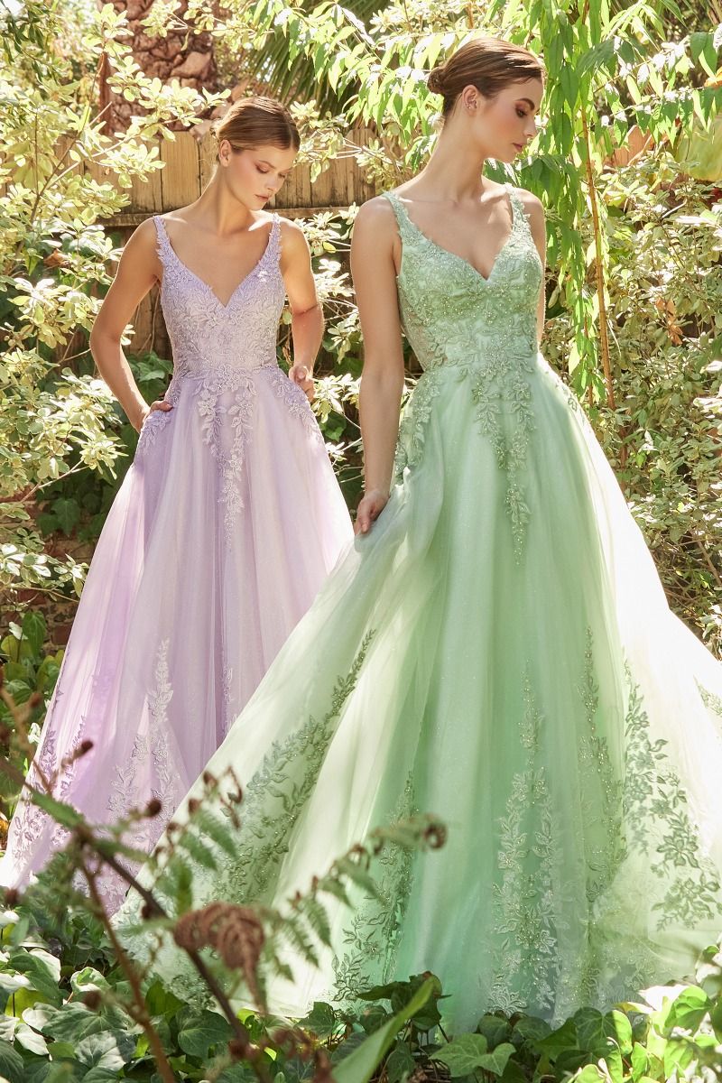 Pastel Elysium Lace Floral Open Back Deep V-Neck&nbsp; A-line Long Prom & Bridesmaid Dress CDA1125-0