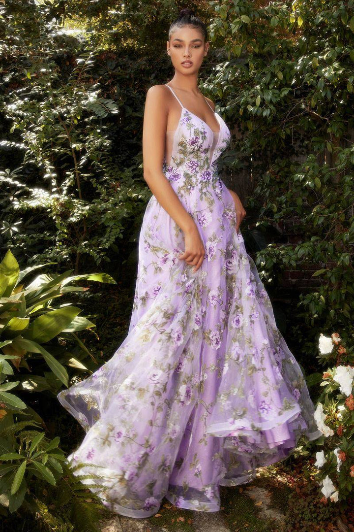 Lisianthus Printed Organza A-Line V-neck Formal Floral Bodice Long Prom & Gala Dress CDA1135