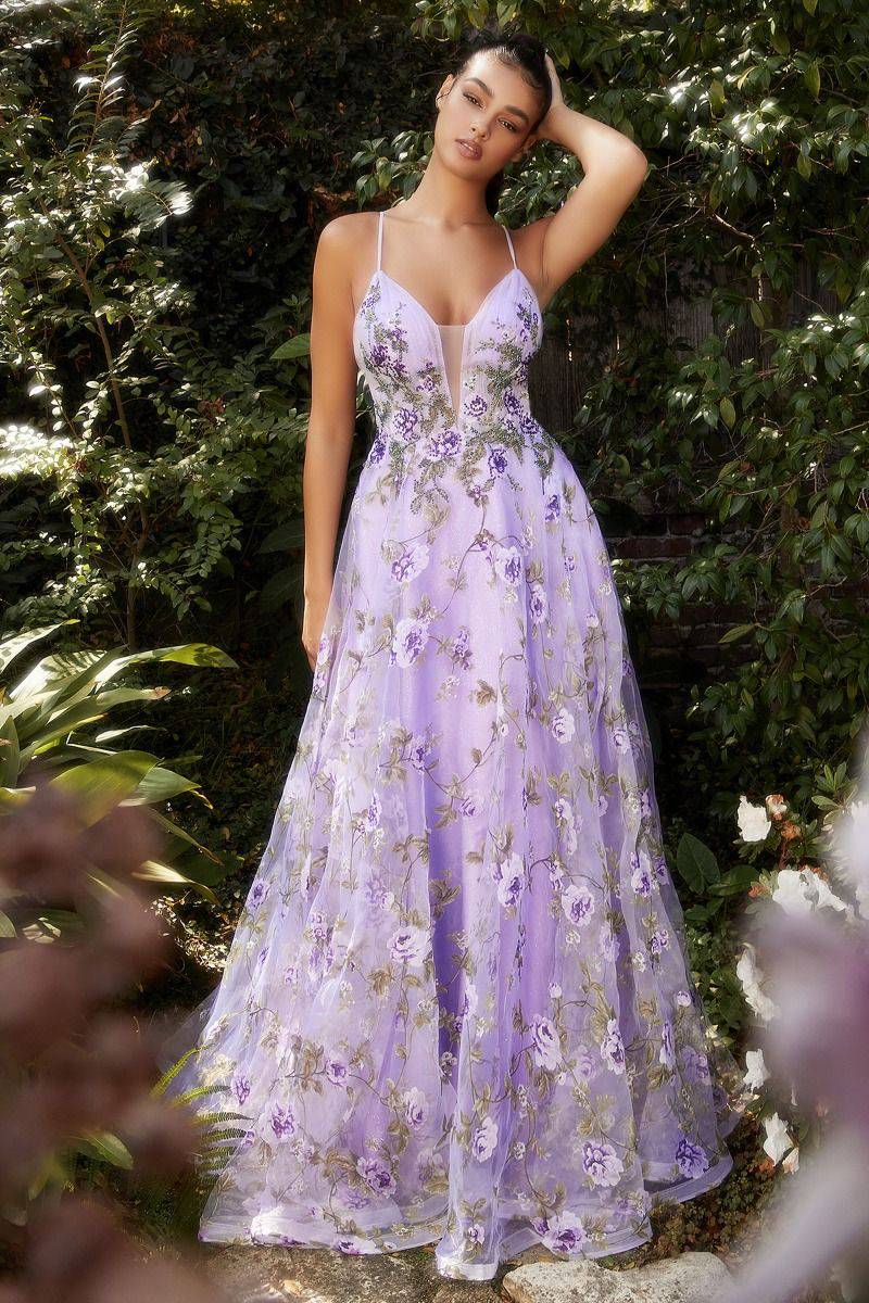 Lisianthus Printed Organza A-Line V-neck Formal Floral Bodice Long Prom & Gala Dress CDA1135