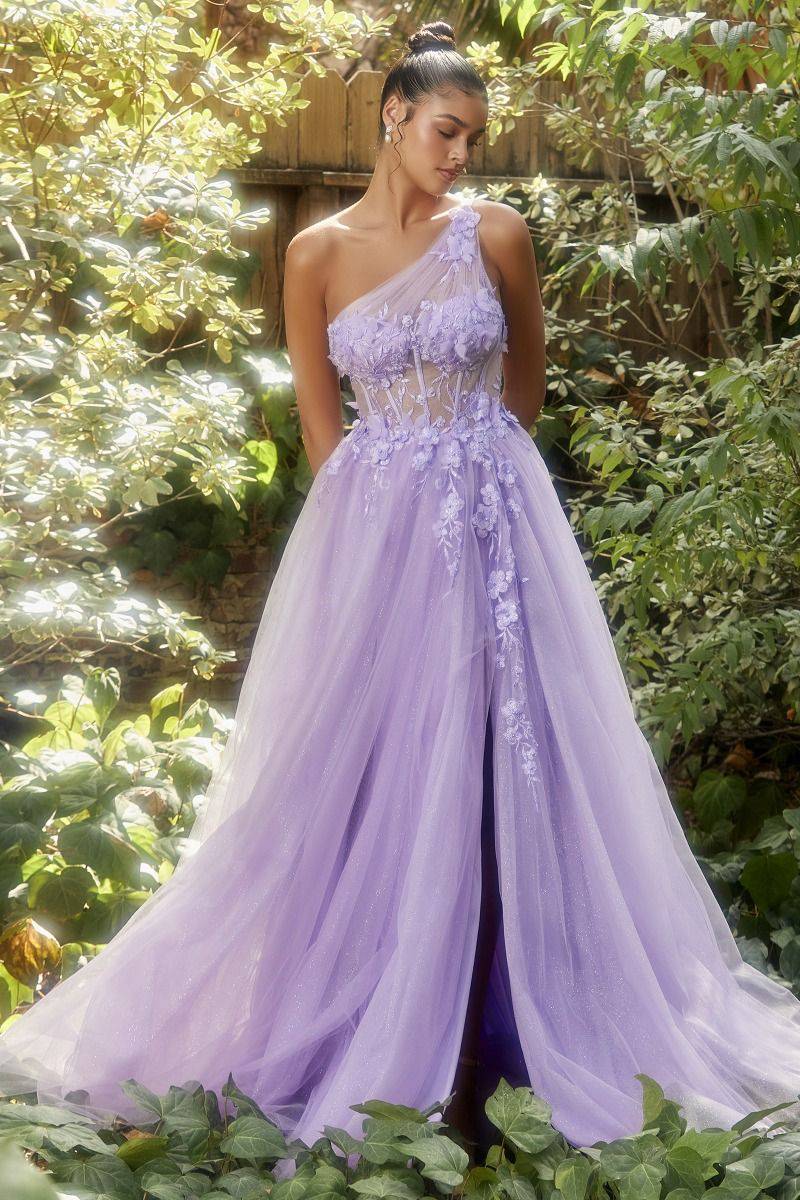 One Shoulder Lace applique Sheer Sequin Embellished Bodice Tulle Long Prom & Ball Dress CDA1140