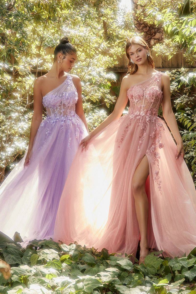 One Shoulder Lace applique Sheer Sequin Embellished Bodice Tulle Long Prom & Ball Dress CDA1140