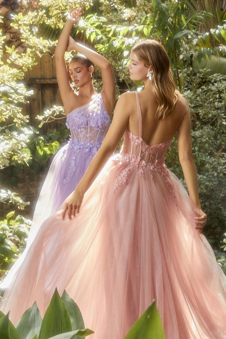 One Shoulder Lace applique Sheer Sequin Embellished Bodice Tulle Long Prom & Ball Dress CDA1140