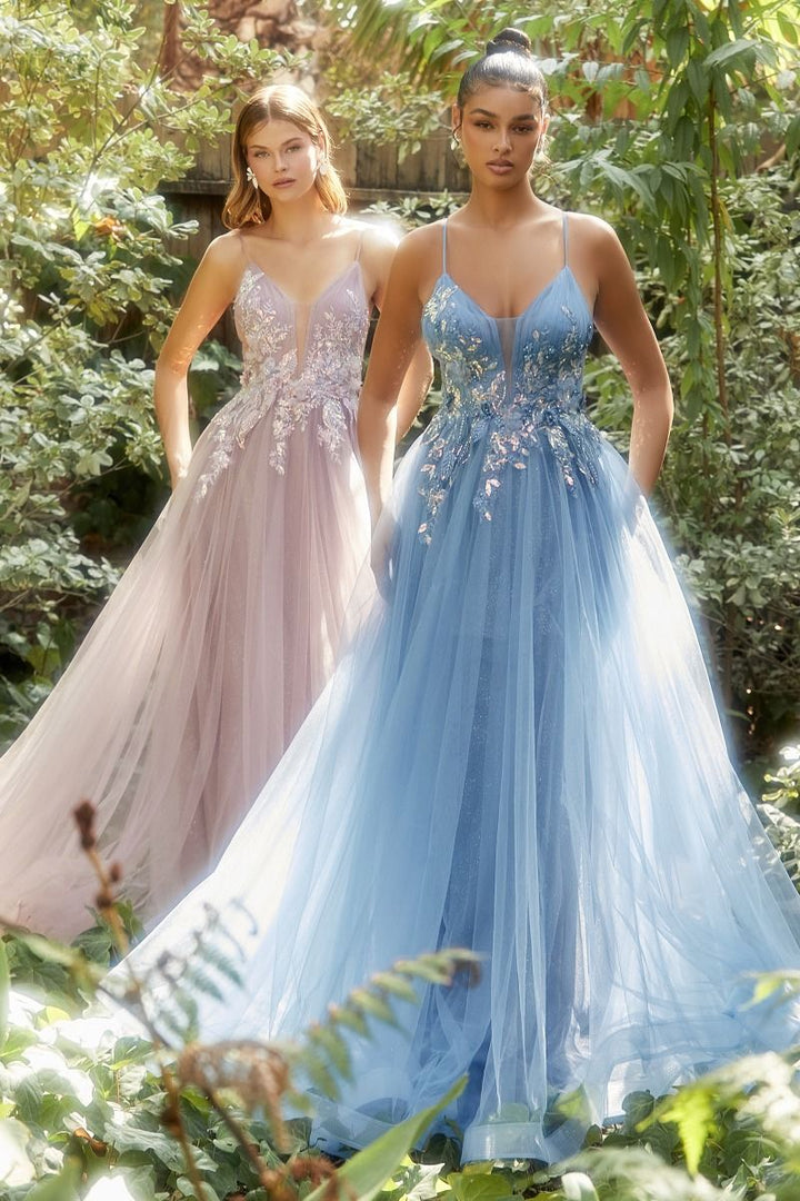 Iridescent Sequin Applique Pleated a-line Embellished V-neck Long Prom & Bridesmaid Dress CDA1143-0