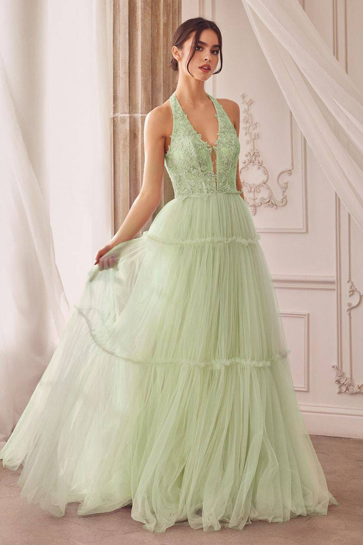 Garden Lace Gree Lavender Mid Open Laced Back Halter Tier Skirt Long Prom & Ball Dress CDA1206