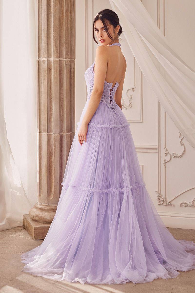 Garden Lace Gree Lavender Mid Open Laced Back Halter Tier Skirt Long Prom & Ball Dress CDA1206