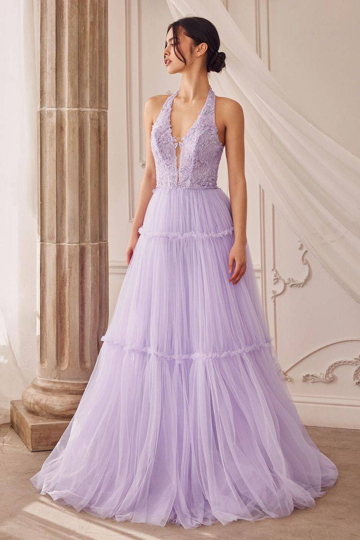 Garden Lace Gree Lavender Mid Open Laced Back Halter Tier Skirt Long Prom & Ball Dress CDA1206