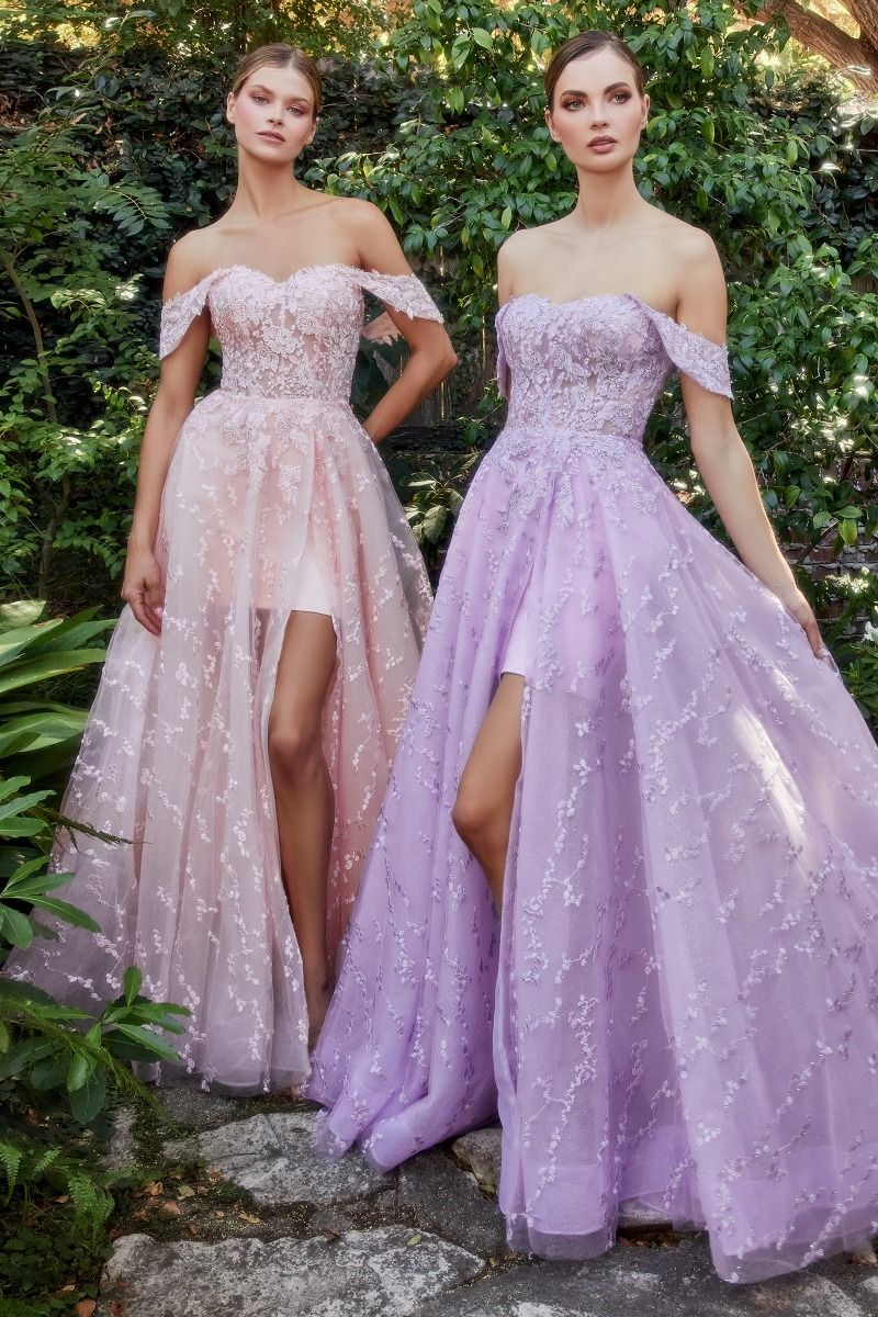 Off Shoulder Sheer Laced Bodice Bouquet Lace A-line Overskirt Long Prom & Gala Dress CDA1207-2