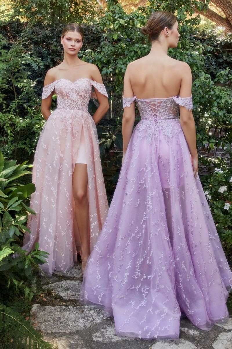 Off Shoulder Sheer Laced Bodice Bouquet Lace A-line Overskirt Long Prom & Gala Dress CDA1207-3