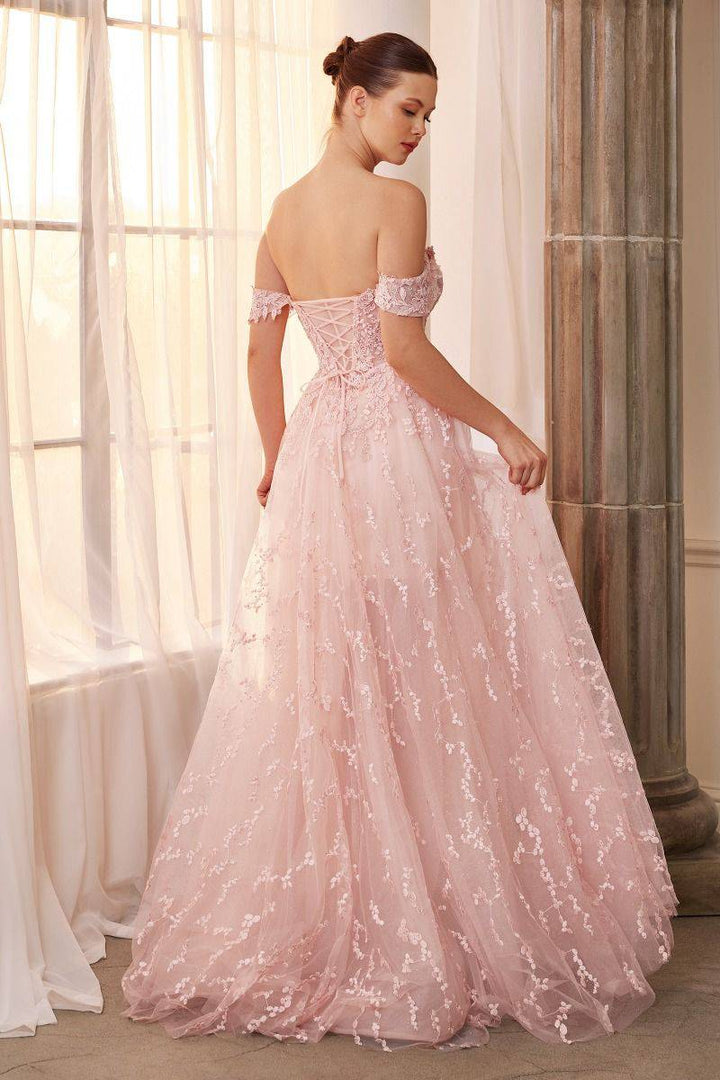 Off Shoulder Sheer Laced Bodice Bouquet Lace A-line Overskirt Long Prom & Gala Dress CDA1207