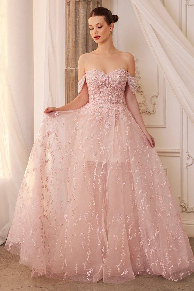 Off Shoulder Sheer Laced Bodice Bouquet Lace A-line Overskirt Long Prom & Gala Dress CDA1207