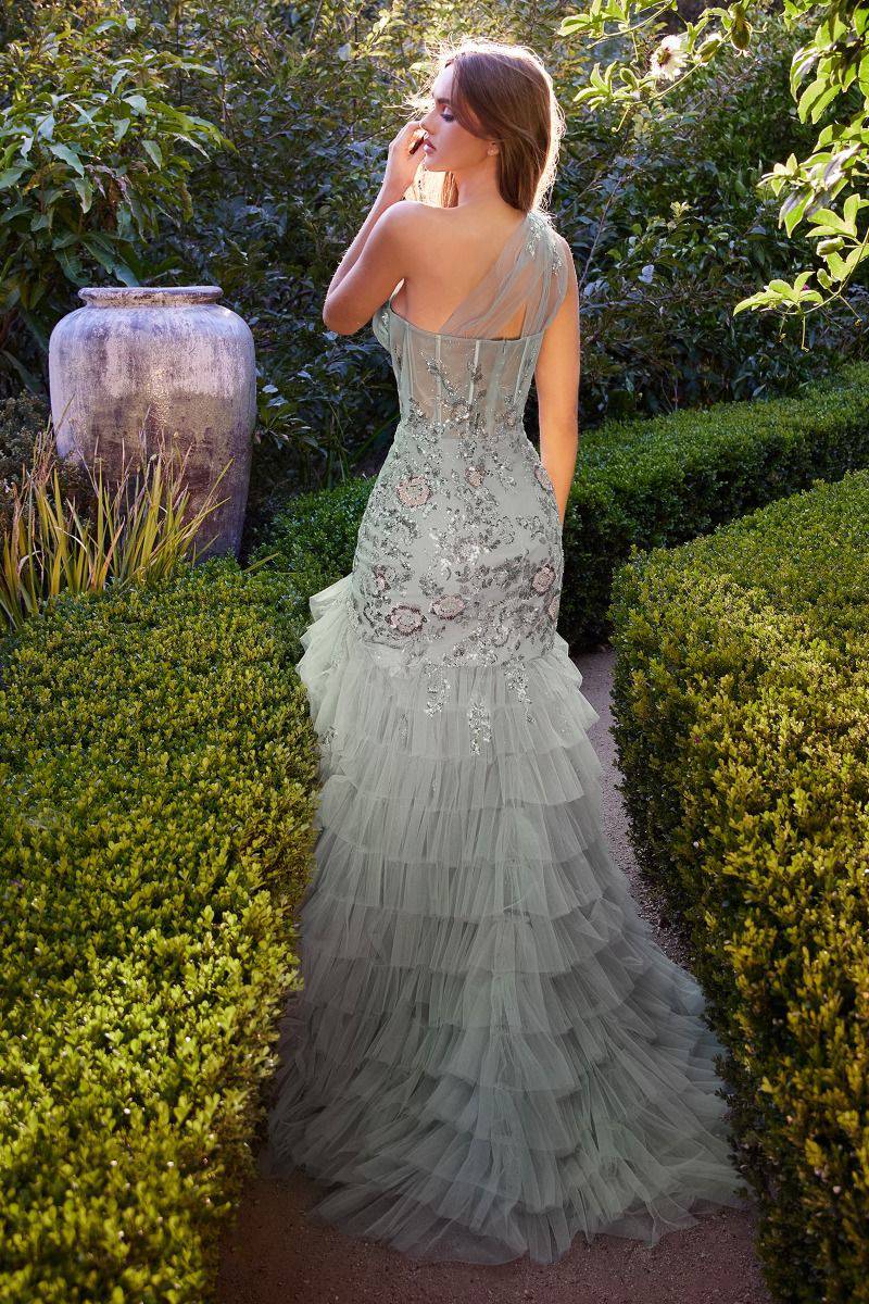 One Shoulder Embellished Layered Tulle Mermaid Long Prom Dress CDA1260