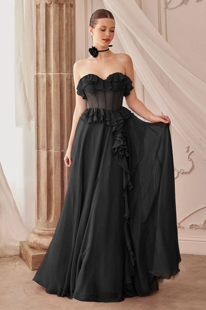 Strapless Chiffon Ruffle A-line Sheer Bodice Long Prom & Bridesmaid Dress CDA1341