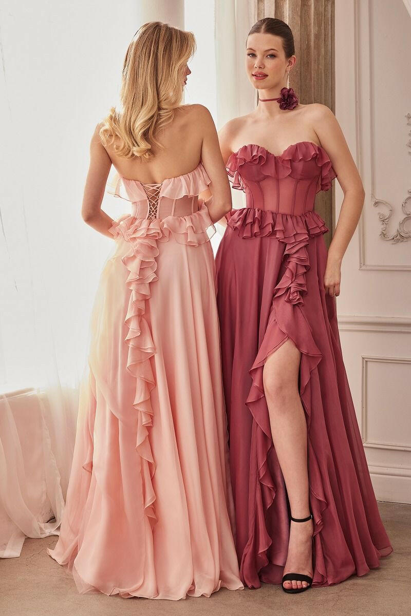 Strapless Chiffon Ruffle A-line Sheer Bodice Long Prom & Bridesmaid Dress CDA1341-1