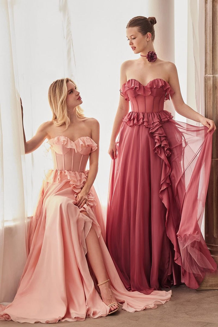 Strapless Chiffon Ruffle A-line Sheer Bodice Long Prom & Bridesmaid Dress CDA1341-2