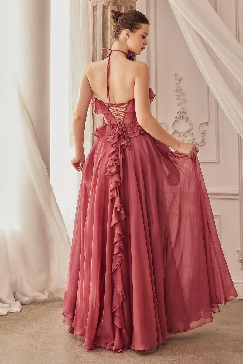 Strapless Chiffon Ruffle A-line Sheer Bodice Long Prom & Bridesmaid Dress CDA1341-3