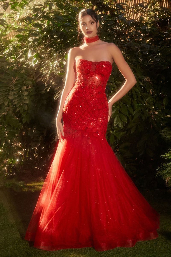 Strapless Red Tulle Mermaid Lace Up Back Long Prom Dress CDA1345-0