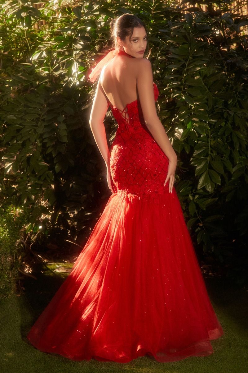 Strapless Red Tulle Mermaid Lace Up Back Long Prom Dress CDA1345-1