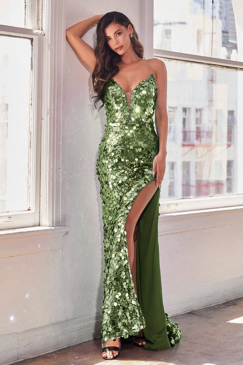 Paillette Fitted Illusion V-Neck Mermaid Side Slit Long Evening Dress CDB1141