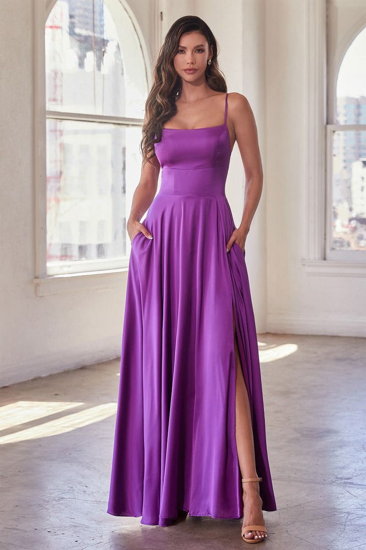 Satin A-Line Side Slit Straight Across A-Line Long Evening Dress CDB8402-4