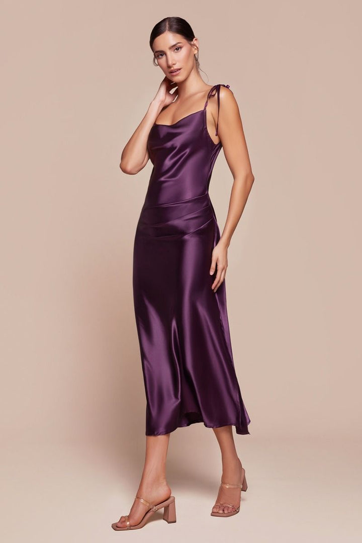 Slim Fit Satin Cowl Neck Spaghetti Straps Midi Bridesmaid Dress CDBD103-7