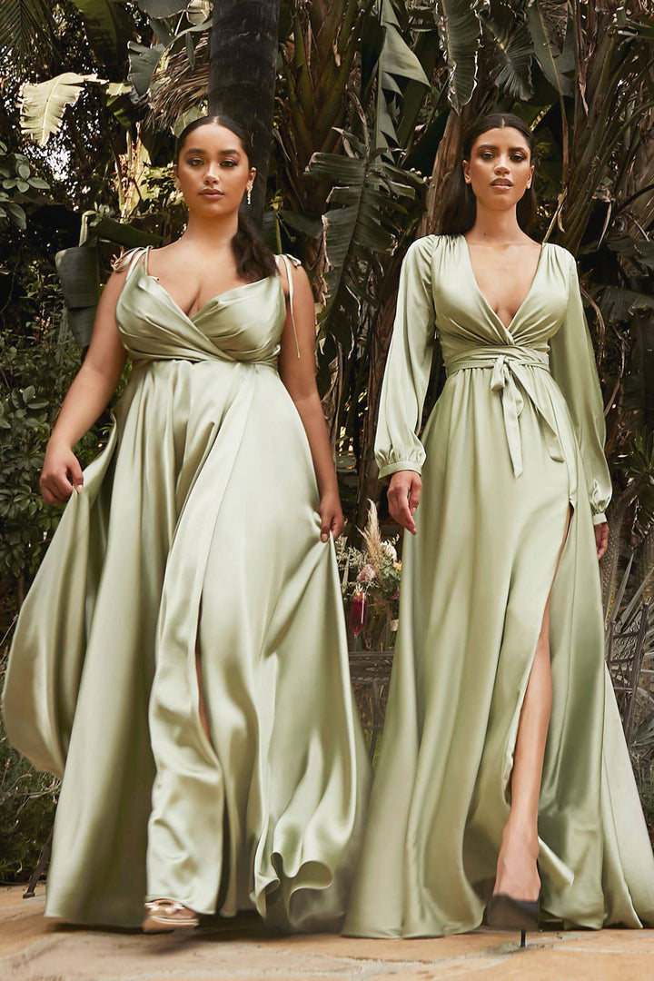 Satin V-Neckline Fitted on a waist A-Line Skirt Leg Slit Long Evening Dress CD7475