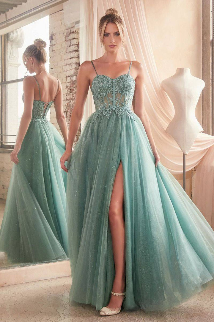 Lace & Layered Tulle A-Line Side Slit Open Back Sweetheart Long Prom Dress CDC150