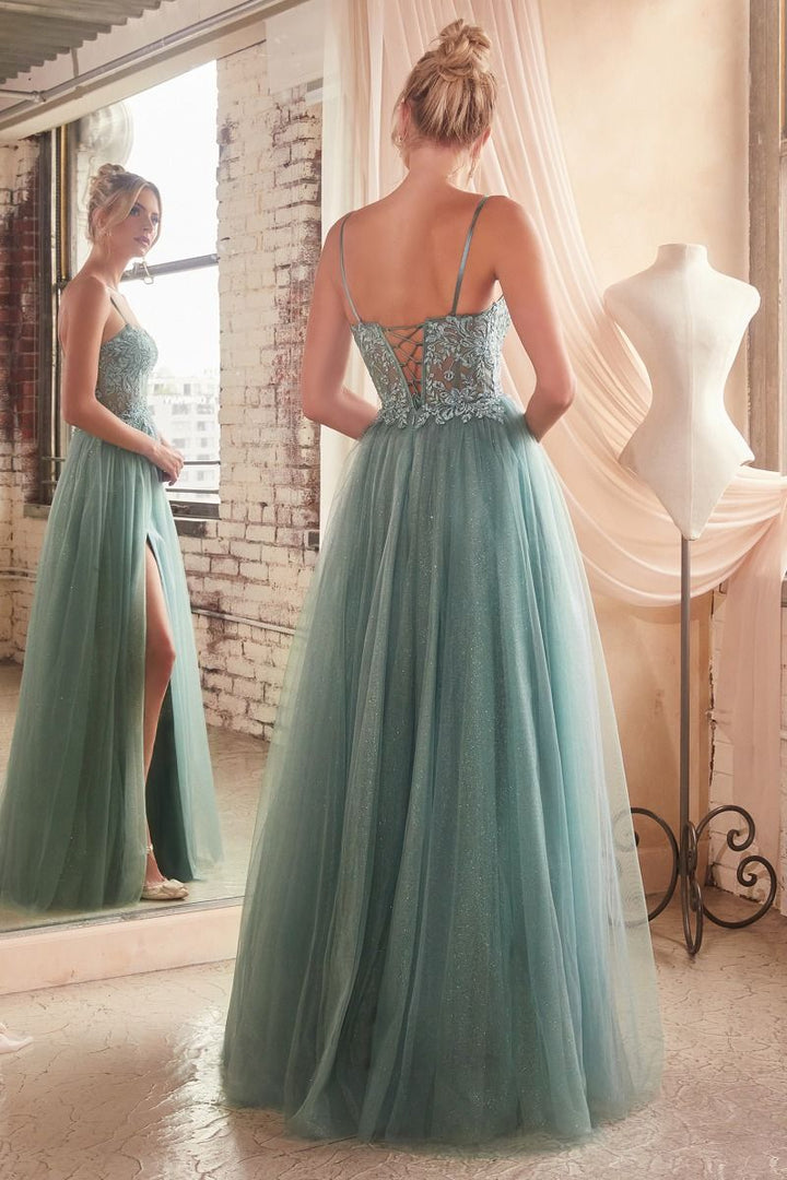 Lace & Layered Tulle A-Line Side Slit Open Back Sweetheart Long Prom Dress CDC150