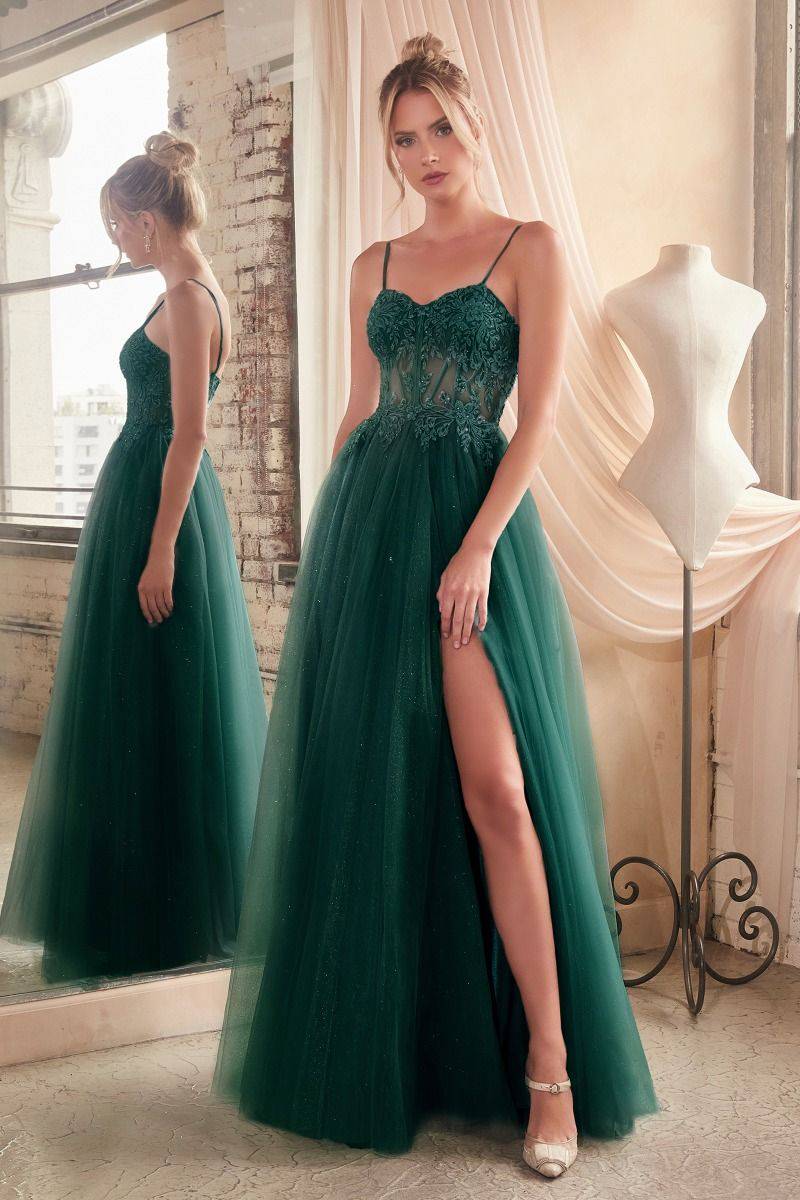 Lace & Layered Tulle A-Line Side Slit Open Back Sweetheart Long Prom Dress CDC150